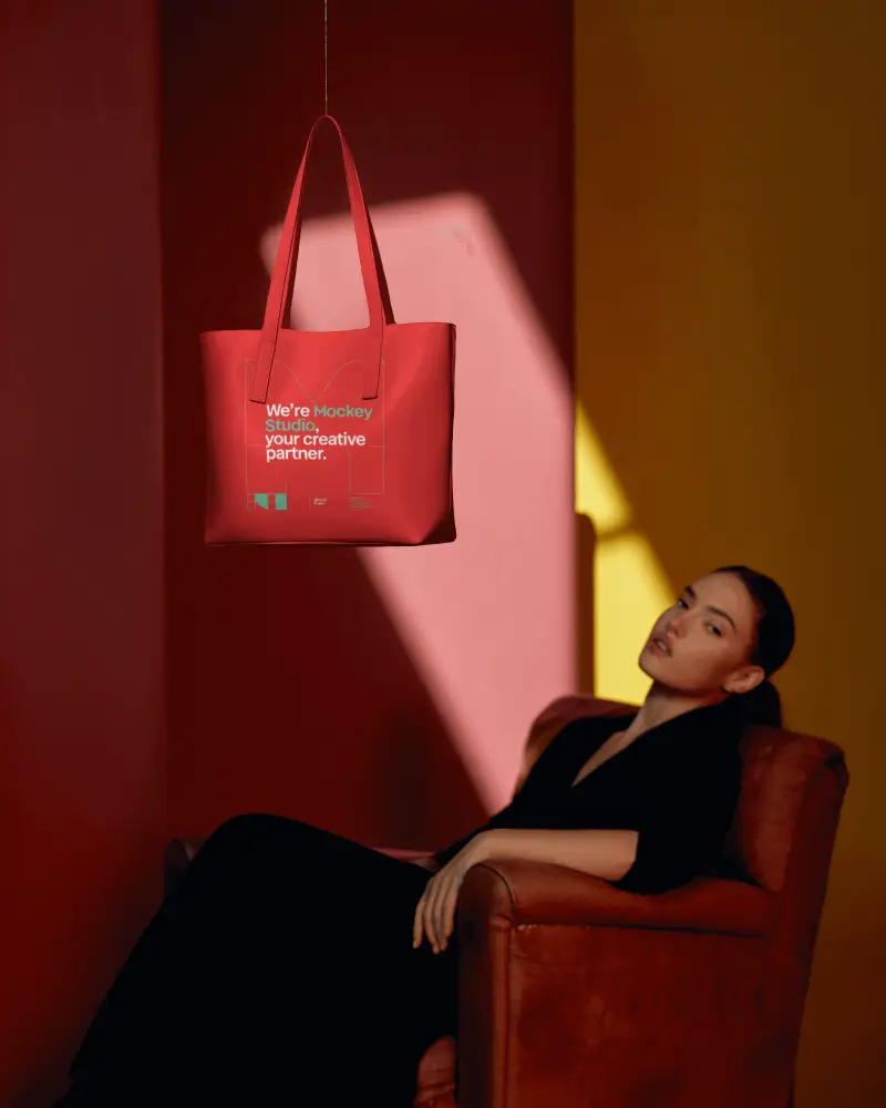 Minimal Artistic Tote Bag Mockup Floating Product With Model In Red And Yellow Room Contrast