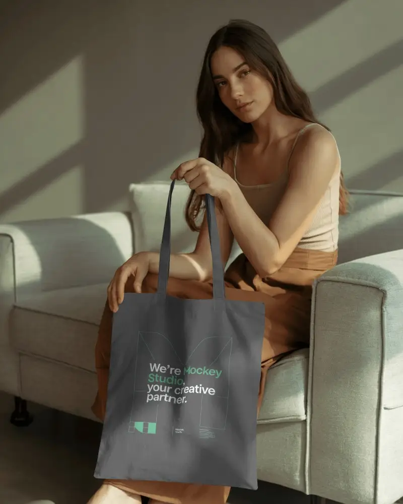 Fashionable Woman Presenting Simple Carry All Tote Bag Mockup For Daily Use