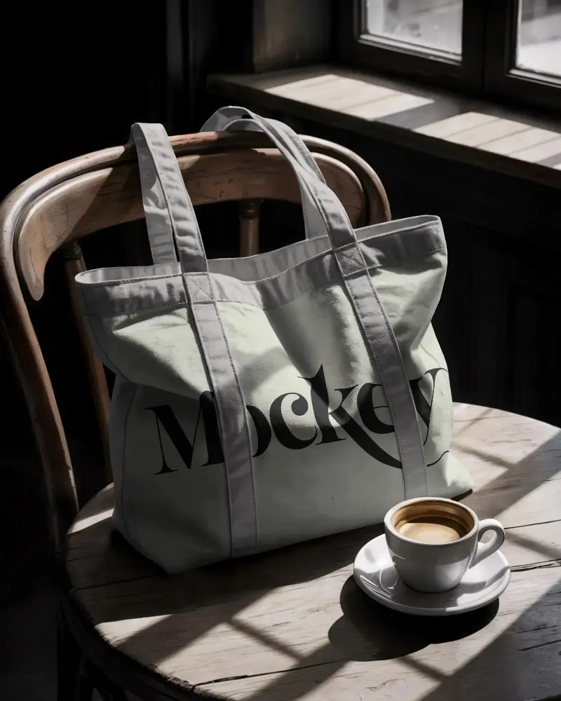 Premium Canvas Tote Bag Mockup On Wooden Chair With Natural Light And Coffee Cup Setting