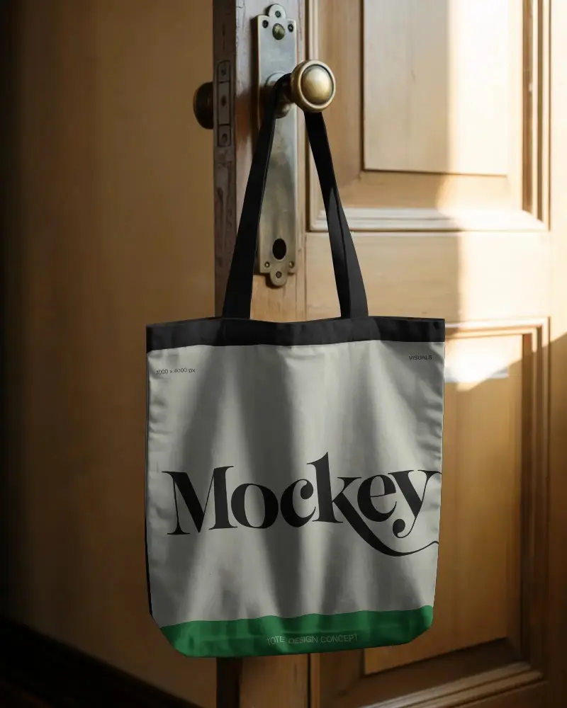 Ecofriendly Reusable Tote Bag Mockup Hanging On Door Handle Minimalist Cotton Canvas