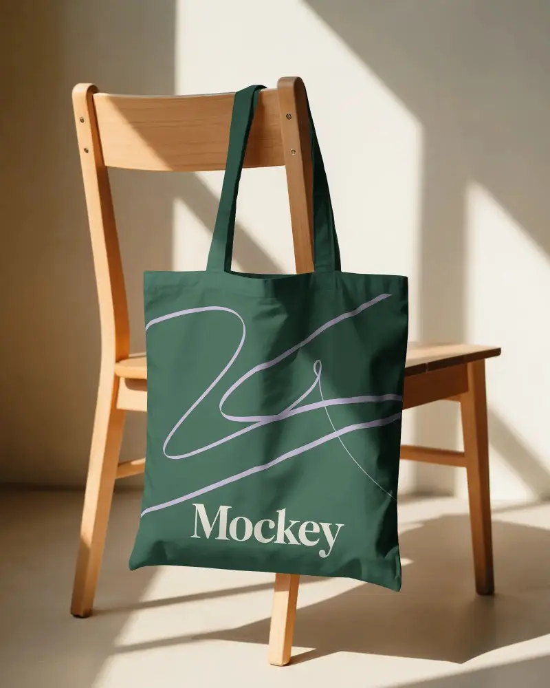 Cotton Tote Bag Mockup Draped Over Wooden Chair In Soft Natural Daylight Setting