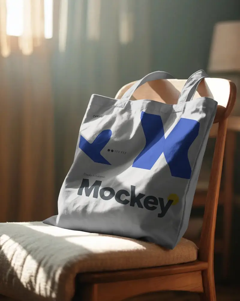 Stylish Canvas Tote Bag Mockup On Wooden Chair In Soft Natural Light Background