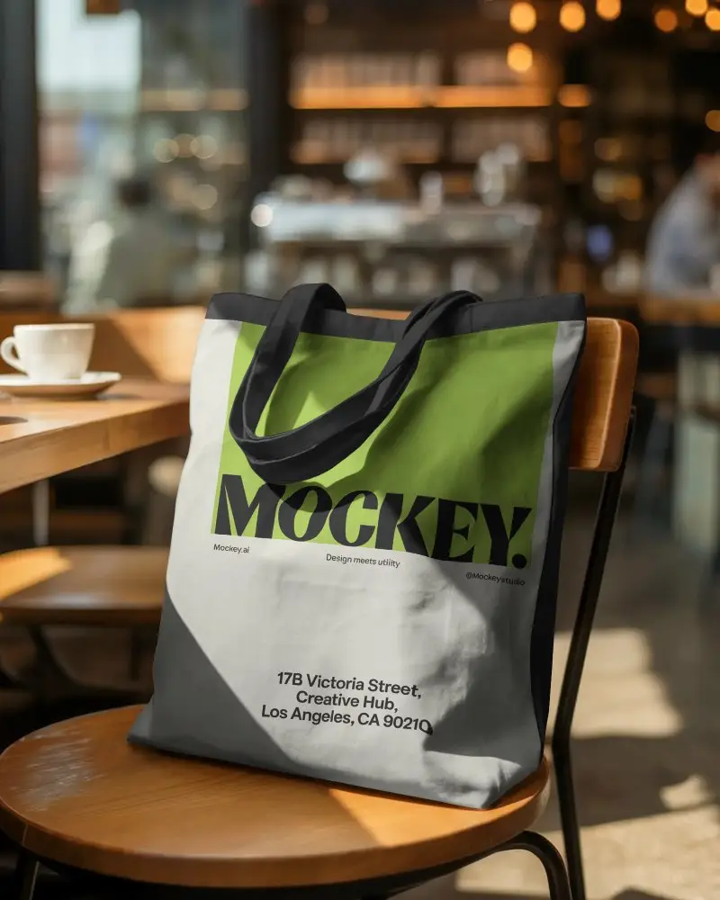 Eco Friendly Reusable Tote Bag Mockup On Cafe Chair For Custom Print Design