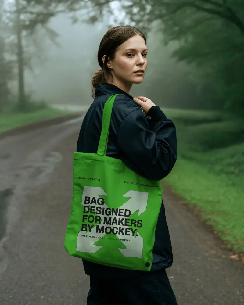 Misty Forest Tote Bag Mockup Woman Standing On Road In Moody Outdoor Setting