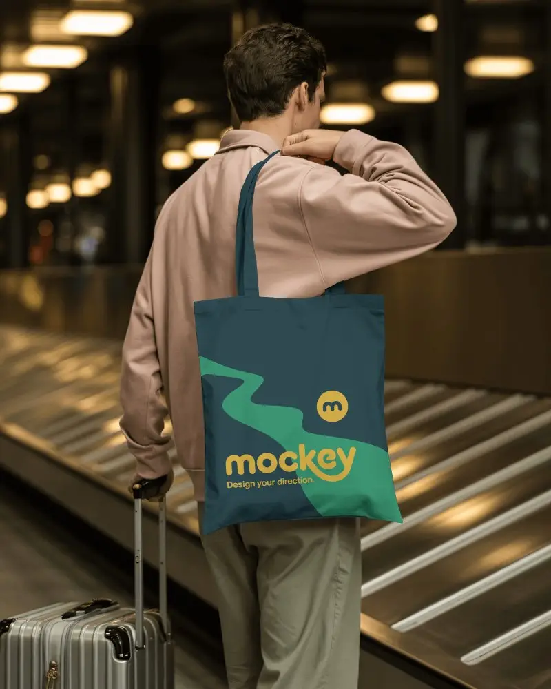 Airport Travel Tote Bag Mockup Man Standing By Luggage Carousel In Modern Terminal