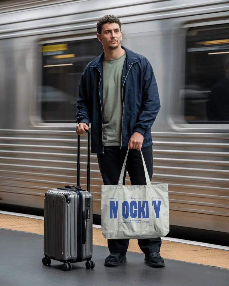 Commuter Travel Tote Bag Mockup Man Standing By Train With Suitcase On Platform