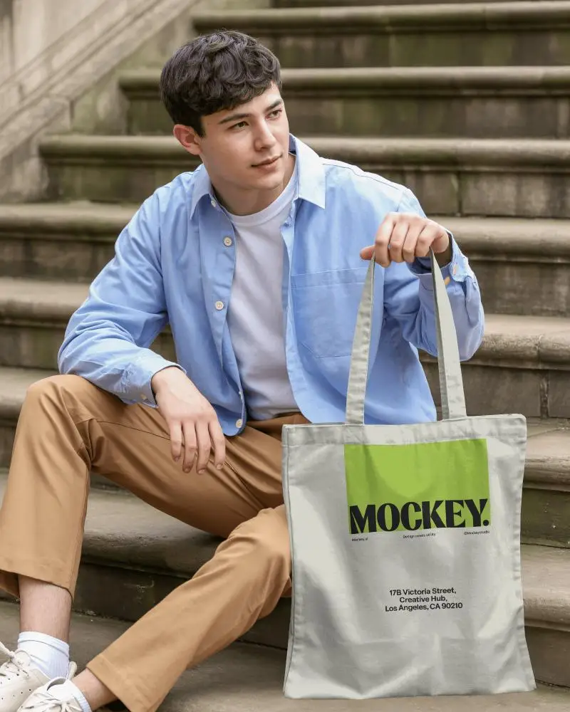 Casual Campus Tote Bag Mockup Man Sitting On Steps In Relaxed Outdoor Setting