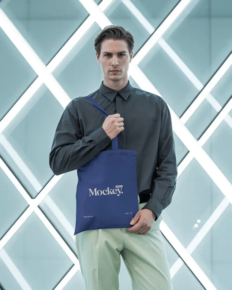 Modern Studio Tote Bag Mockup Man Standing Against Geometric Light Display