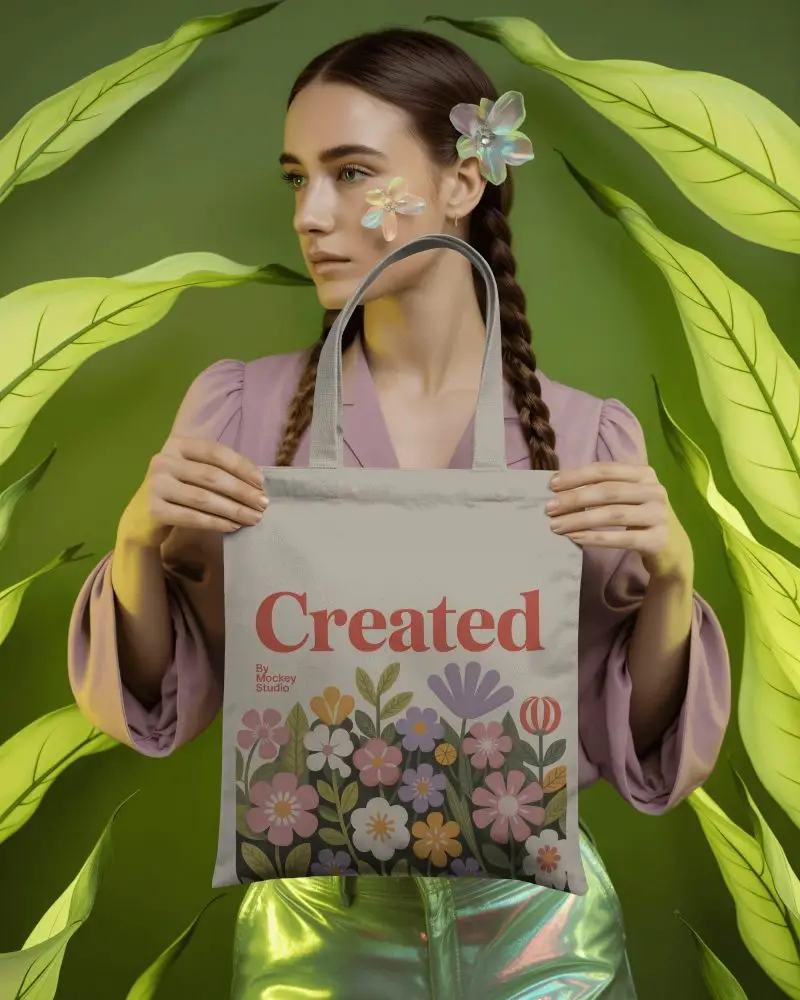 Ethereal Botanical Tote Bag Mockup Woman Holding Bag In Artistic Leaf Scene