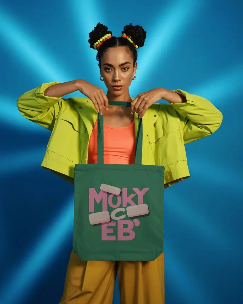 Vibrant Studio Tote Bag Mockup Woman Holding Bag Against Blue Radiant Backdrop