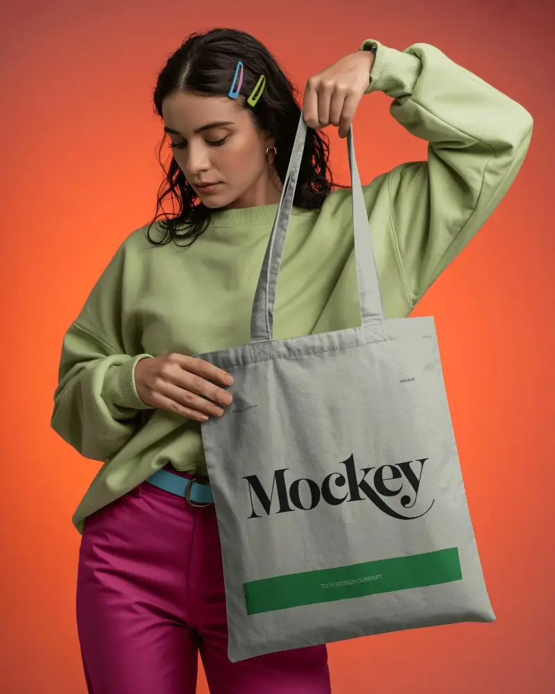 Vibrant Fashion Tote Bag Mockup Female Model In Bright Outfit In Studio Light