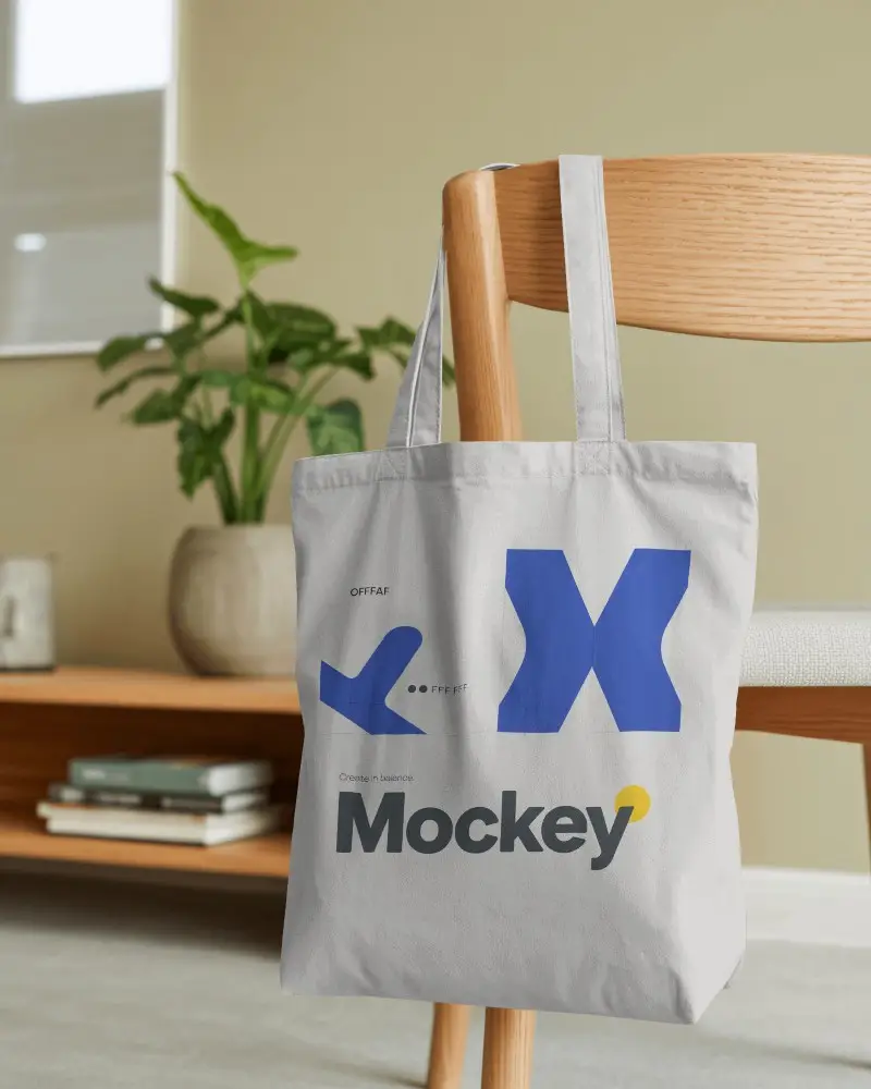 Minimalist Home Tote Bag Mockup Hanging On Wooden Chair In Cozy Interior