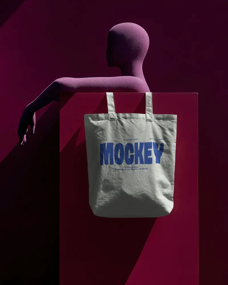 Studio Lit Tote Bag Mockup Leather Texture On Abstract Mannequin With Bold Art Direction