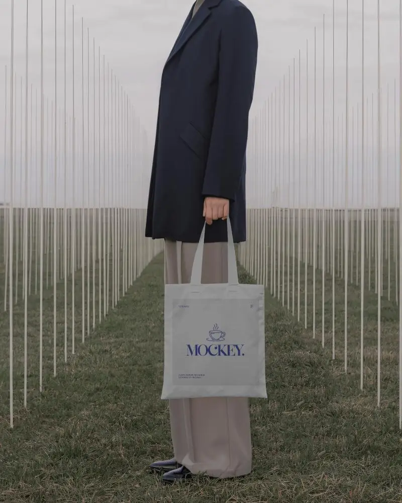Editorial Tote Bag Mockup Modern Fashion Look In Open Field With Linear Installation Background
