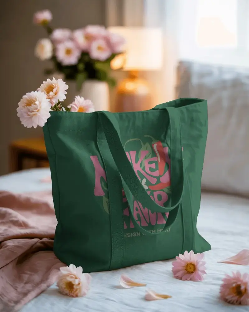 Floral Styled Tote Bag Mockup Cotton Fabric Bag On Bed With Warm Lighting And Romantic Mood