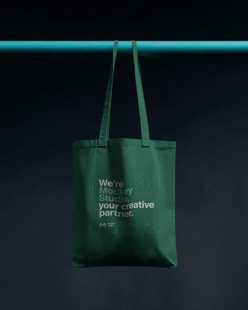 Hanging Tote Bag Mockup Canvas Bag On Metal Bar Dark Minimal Studio Scene