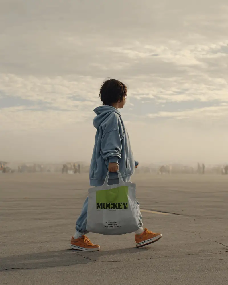 Child Walking Outdoor Totebag Mockup With Casual Outfit In Soft Morning Light Minimal Open Space
