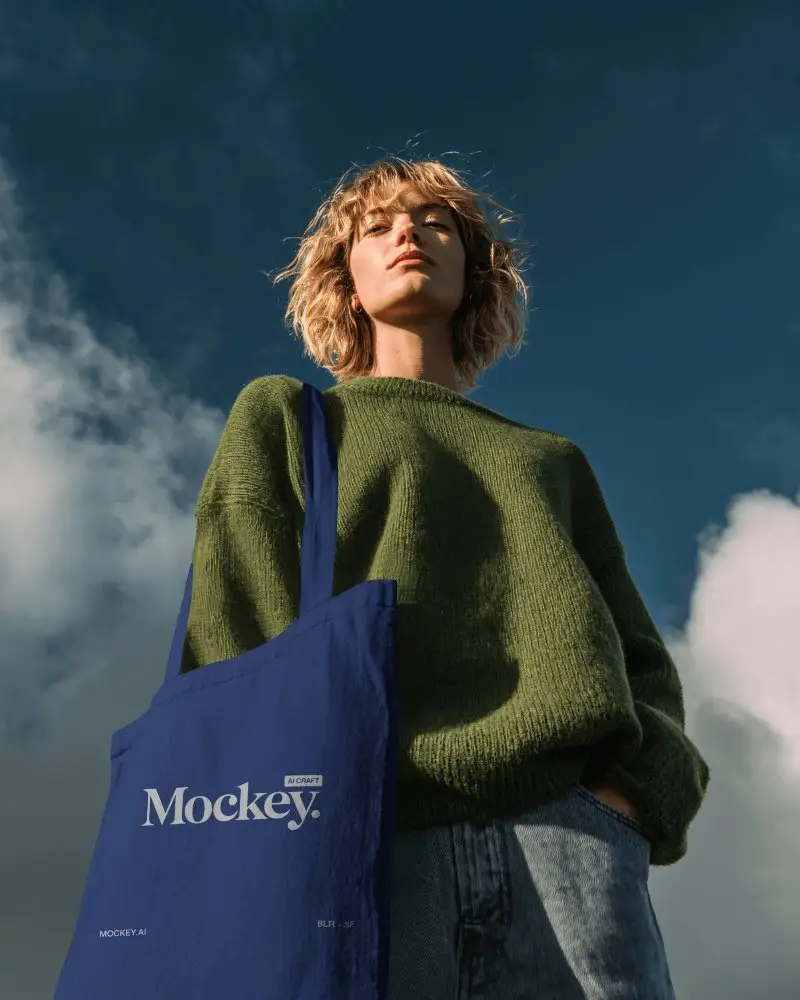 Low Angle Outdoor Totebag Mockup With Female Model Under Blue Sky And Natural Daylight
