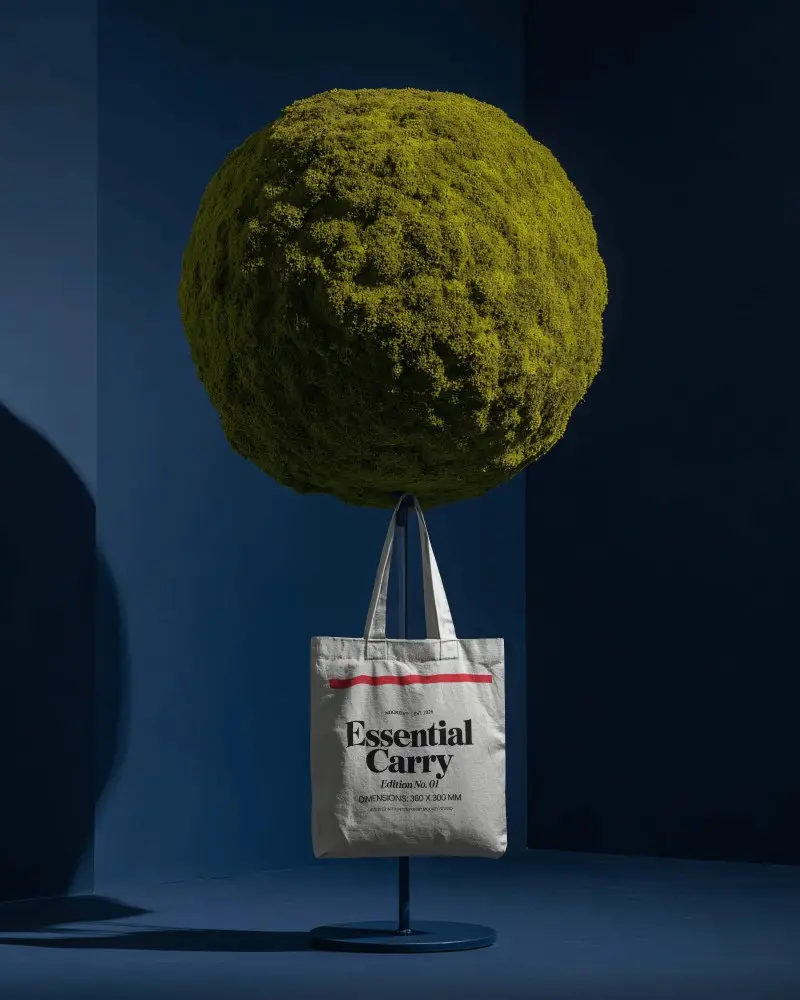 Conceptual Studio Totebag Mockup With Sculptural Moss Sphere And Minimal Dark Blue Backdrop