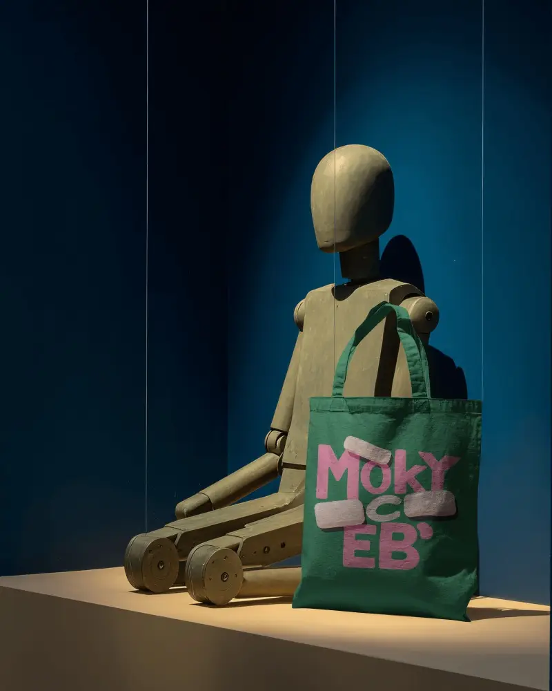 Wooden Mannequin Totebag Mockup Seated On Plinth With Deep Blue Studio Background
