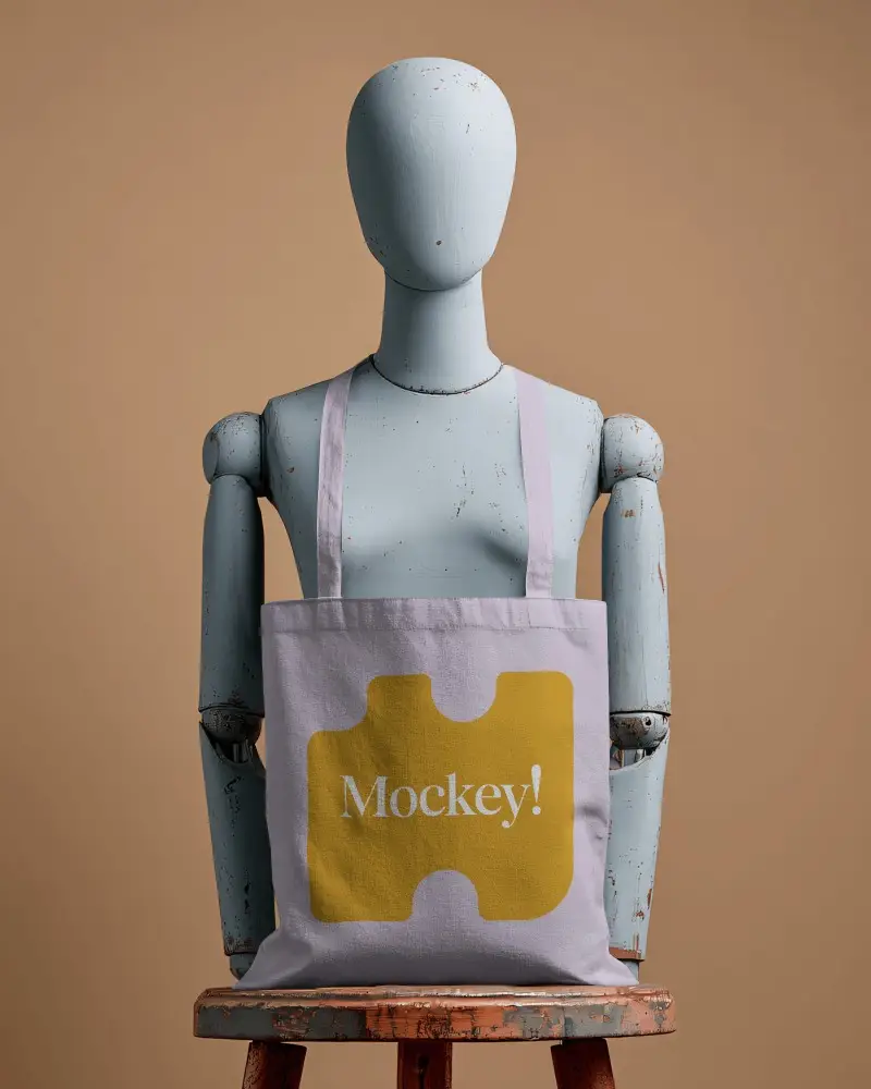 Vintage Mannequin Totebag Mockup Dark Canvas Bag On Rustic Wooden Stool Warm Neutral Backdrop
