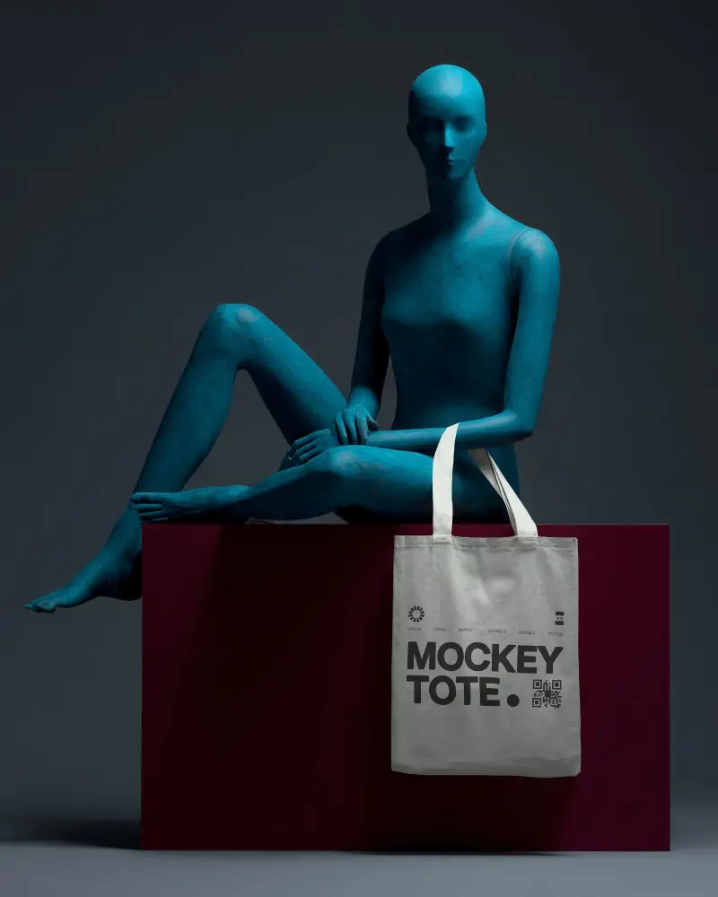 Dramatic Studio Totebag Mockup Canvas Bag On Seated Blue Mannequin Dark Editorial Light