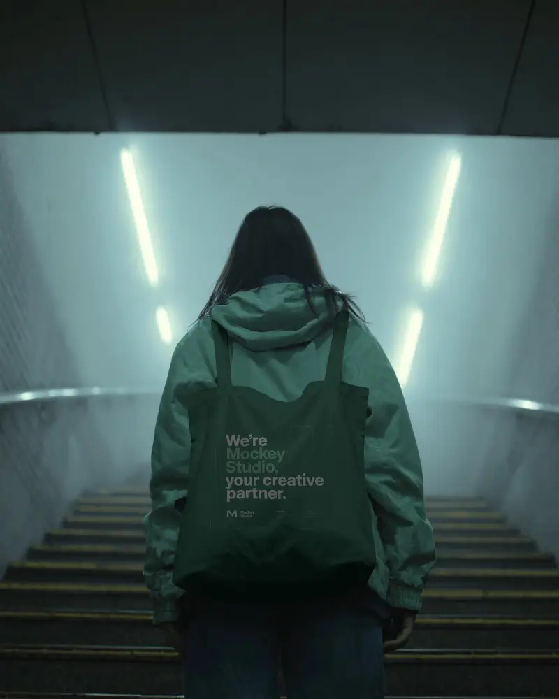 Urban Commuter Totebag Mockup Canvas Bag Worn From Behind In Underground Station Stairs