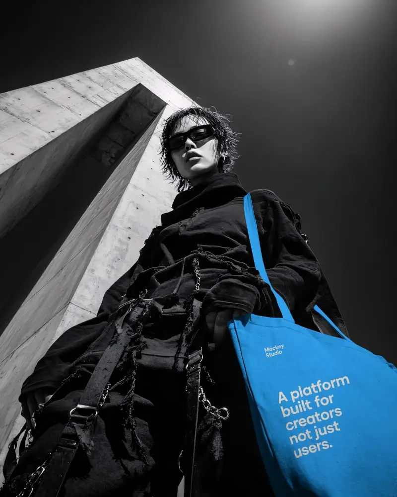 Edgy Streetwear Totebag Mockup Canvas Bag On Model Shot From Below Urban Brutalist Architecture