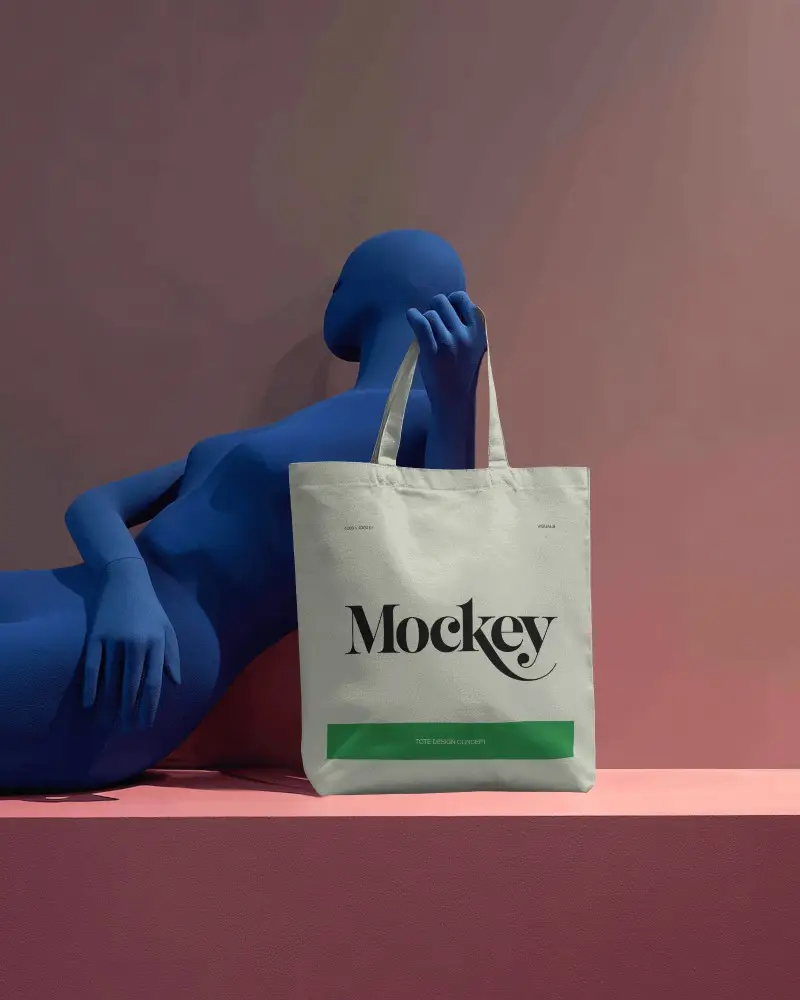 Artistic Studio Totebag Mockup Canvas Bag With Reclining Blue Mannequin Soft Gradient Backdrop