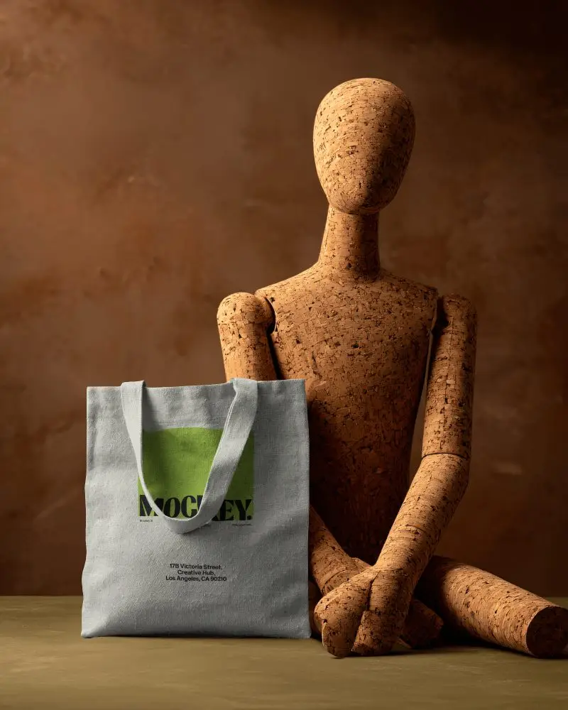 Natural Cork Mannequin Totebag Mockup Canvas Bag In Warm Earth Tone Studio Setting