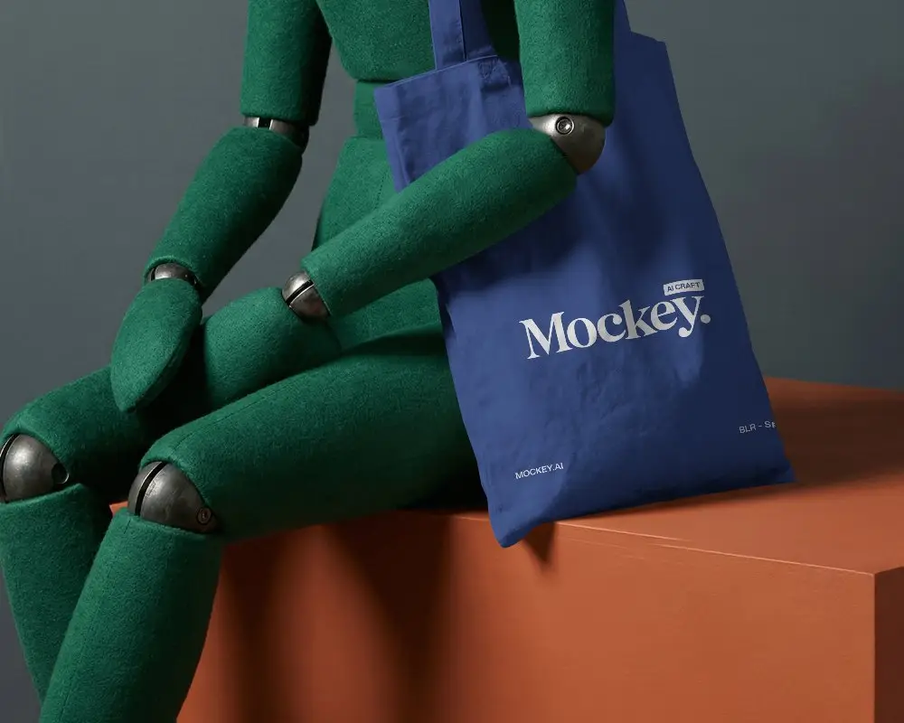 Modern Studio Totebag Mockup Canvas Bag On Green Mannequin Seated On Orange Block