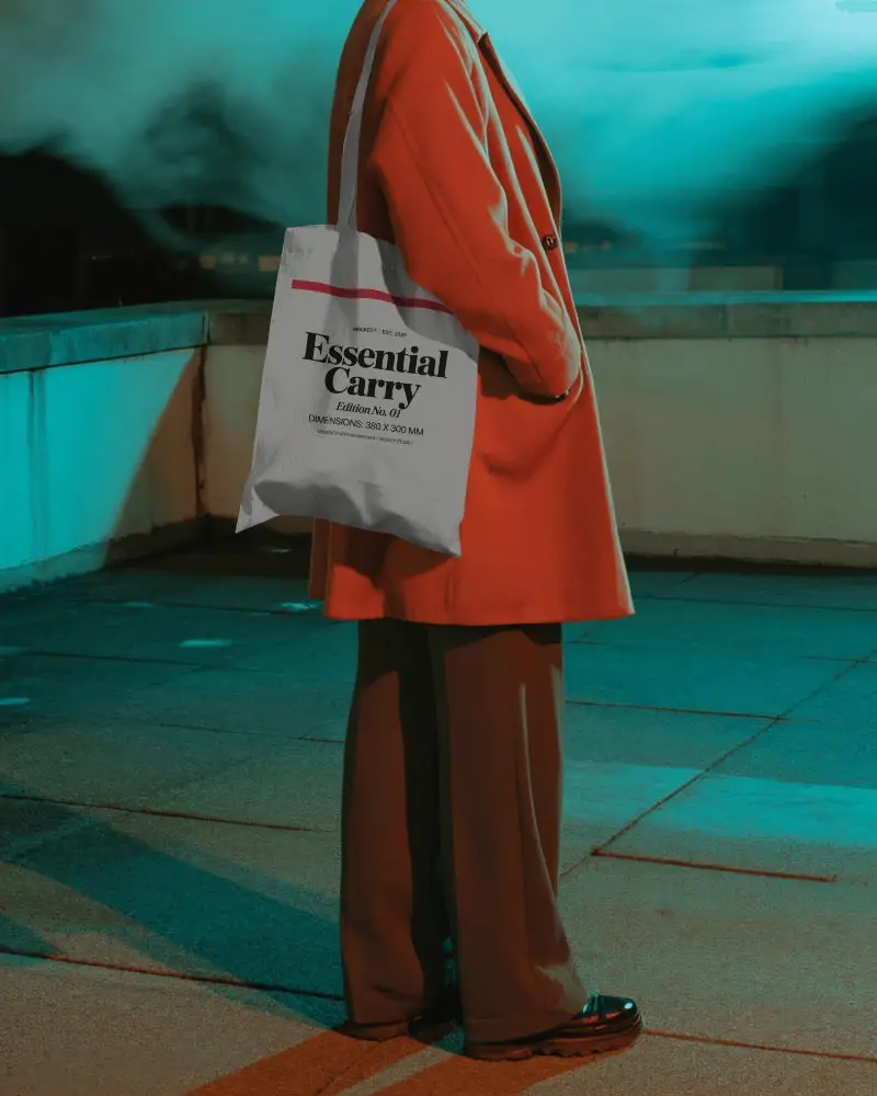 Night Urban Totebag Mockup Canvas Bag Worn On Shoulder In Moody City Rooftop Scene