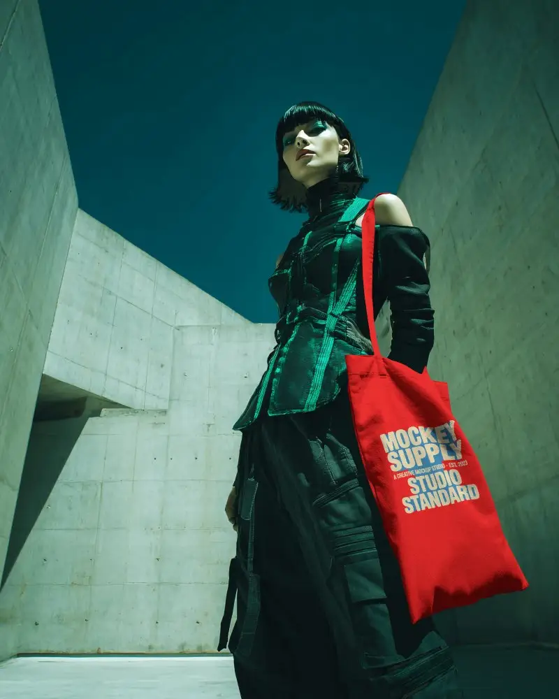 Futuristic Streetwear Totebag Mockup Canvas Bag Carried By Model In Brutalist Concrete Architecture