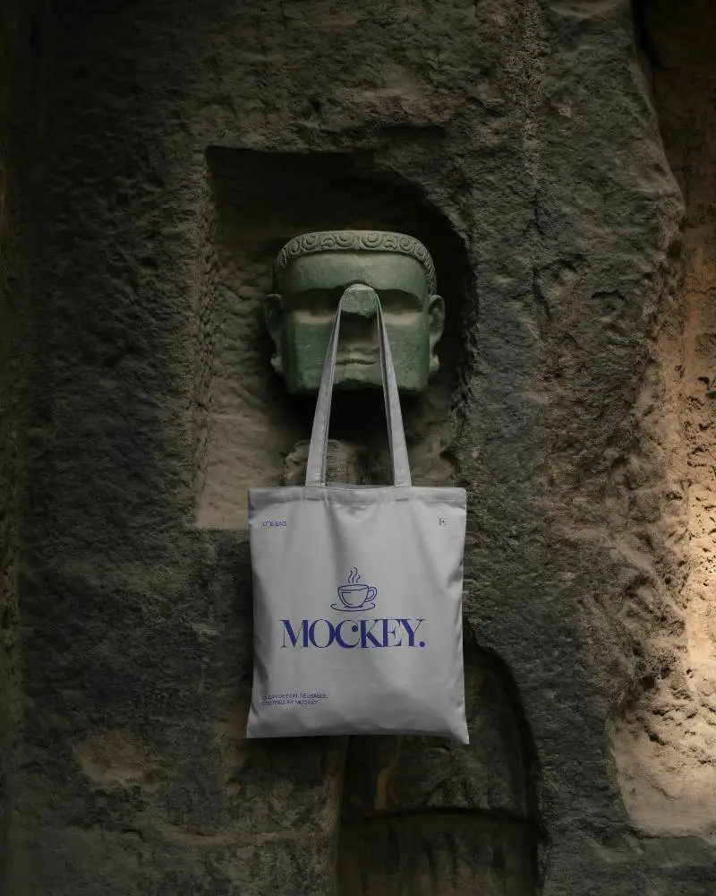 Empty Simple Tote Bag Mockup Showcased In Natural Cave Setting With Textured Stone