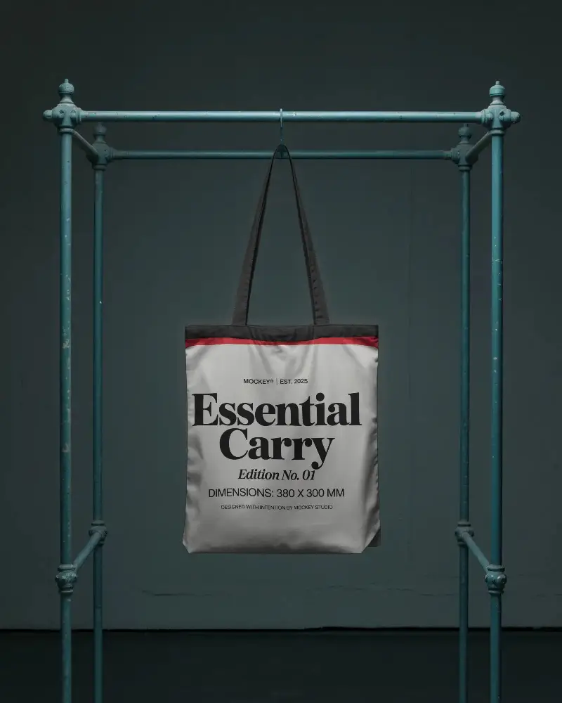 Eco Friendly Reusable Tote Bag Mockup Hanging For Branded Merchandise Presentation