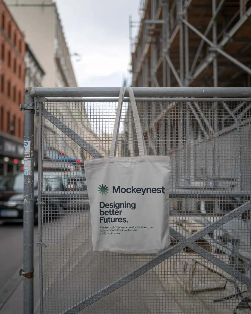 Urban Street Scene Tote Bag Mockup Hanging On Metal Fence For Design Presentation