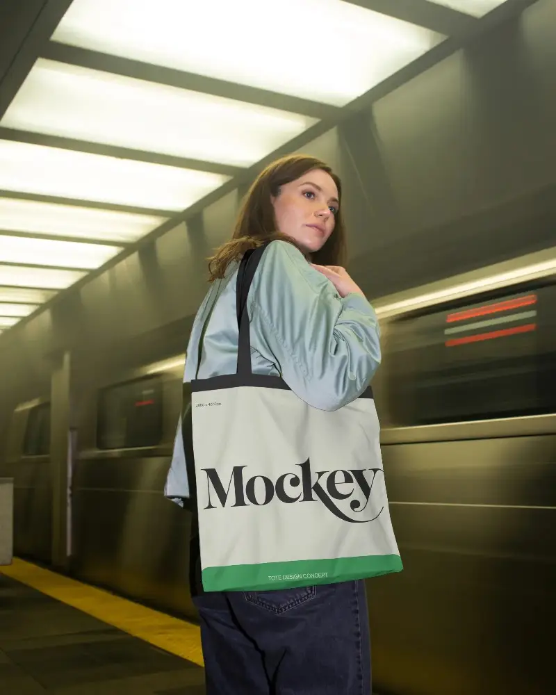 High Quality Tote Bag Mockup With Shoulder Strap Showcased At Subway Platform