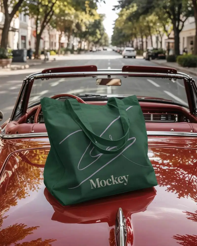 Stylish Tote Bag Mockup On Vintage Car Hood Ready For Custom Design Showcase