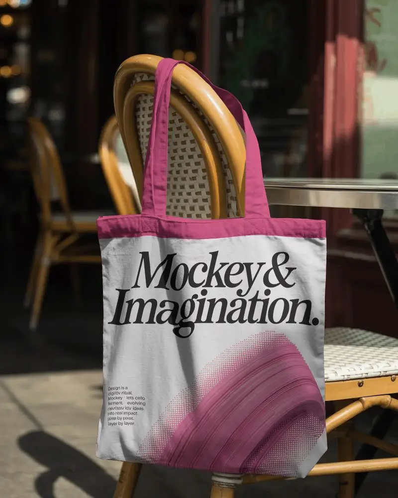 Reusable Cotton Tote Bag Mockup With Long Handles On Cafe Chair For Design Showcase
