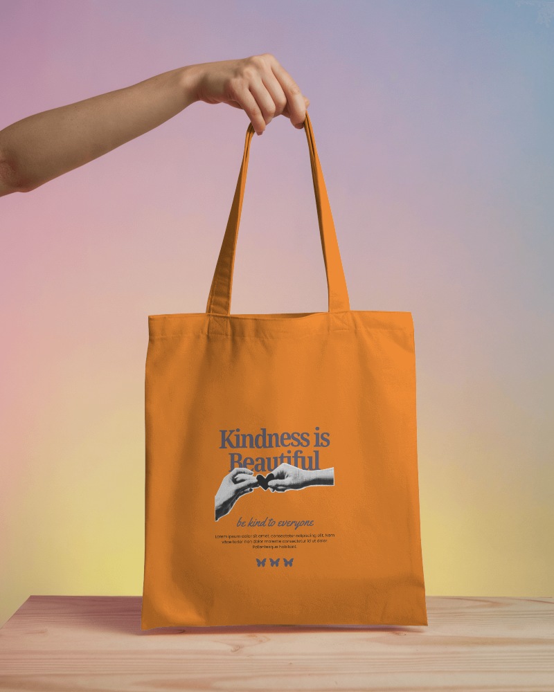 Minimalist White Tote Bag Mockup Hand Held Pastel Gradient Background