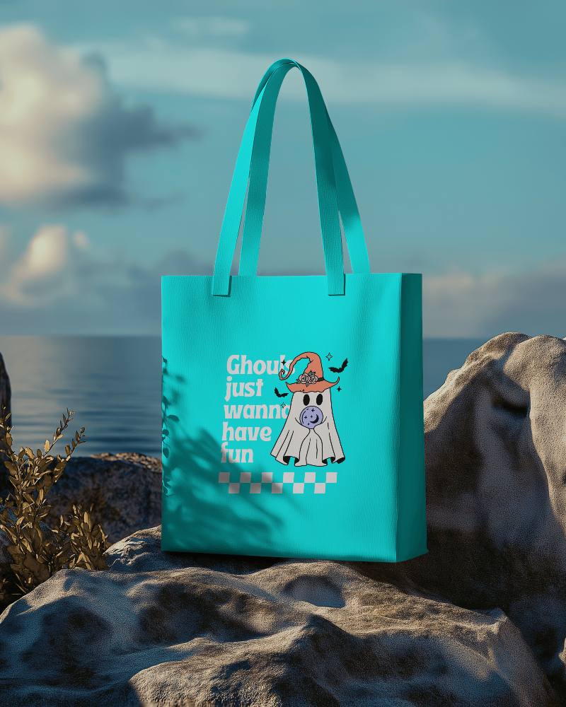 Tote Bag Mockup Placed On Rocky Shoreline With Ocean View