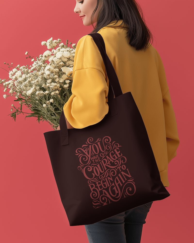 Tote Bag Mockup With Red Background And Flowers