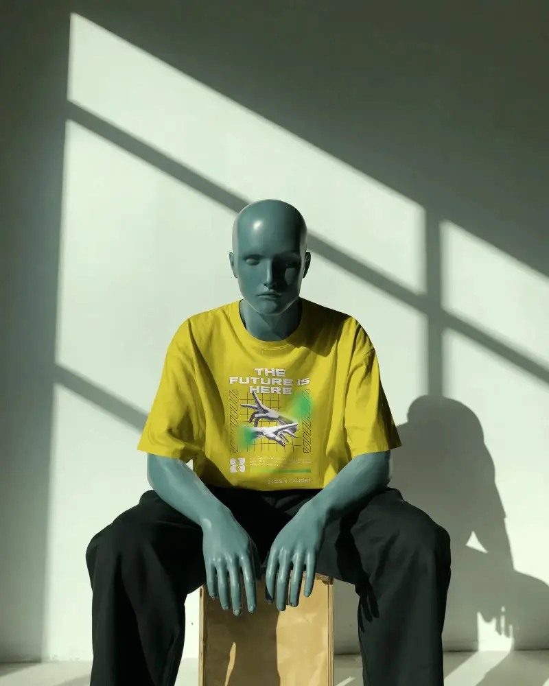 Dramatic Light And Shadow Tshirt Mockup Blue Mannequin Seated On Box In Modern Studio With Window Reflections