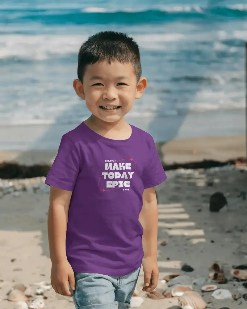 Happy Boy Wearing Comfortable Cotton T Shirt At The Beach Nature Fun Outdoor Style