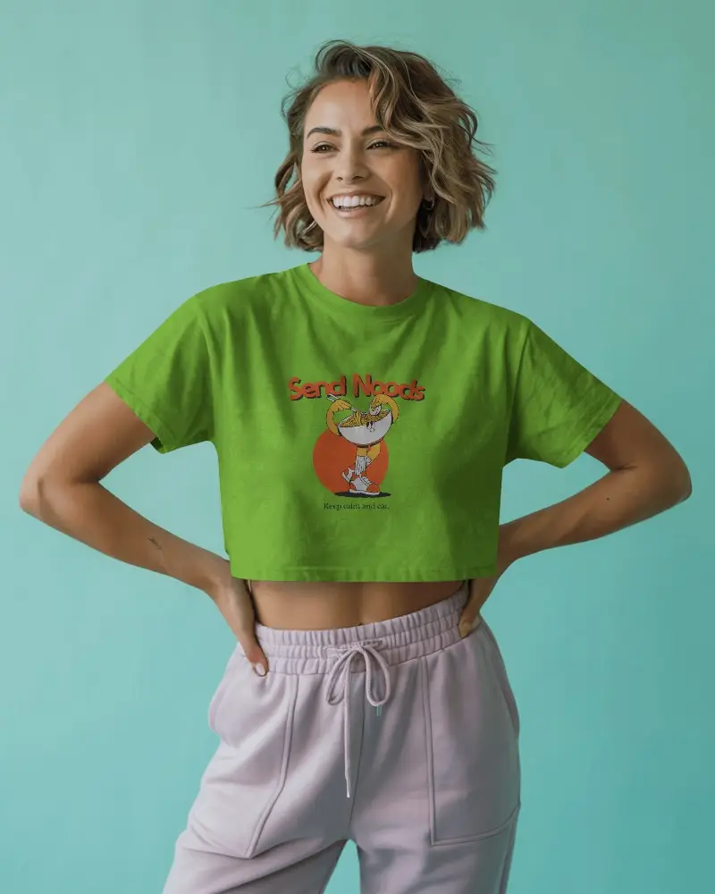 Aqua Backdrop Crop Top T Shirt Mockup Happy Female Model Smiling In Soft Light Modern Casual Vibe