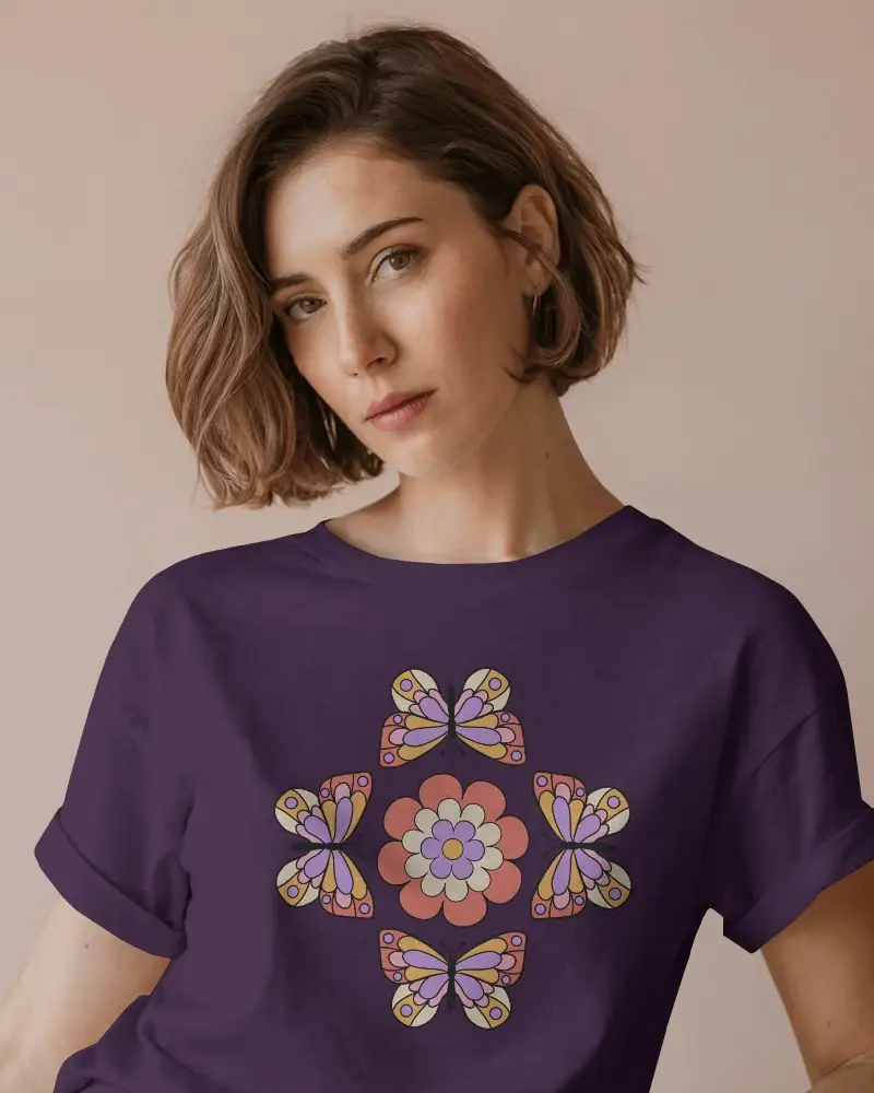 Pastel Background Fashion T Shirt Mockup Young Woman Posing In Blank Rolled Sleeve Tshirt