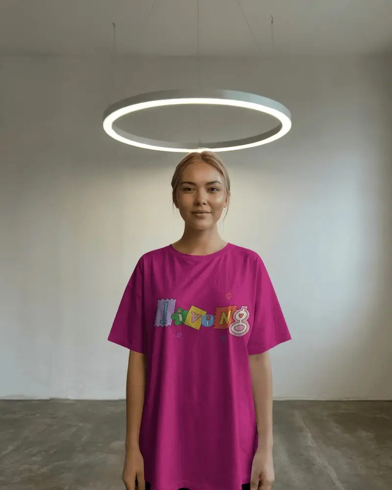 Fashion Forward Minimalist Tshirt Mockup Standing Female Model In Oversized Shirt Under Modern Lamp