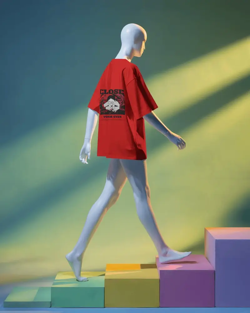 Futuristic Studio T Shirt Mockup Side View Mannequin Walking On Colorful Blocks Under Dramatic Light