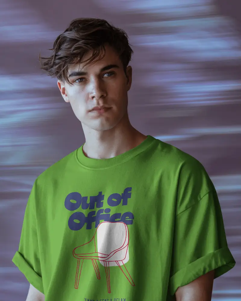 Soft Texture Tshirt Mockup Male Model In Rolled Sleeve Tee Facing Camera With Dreamy Purple Backdrop