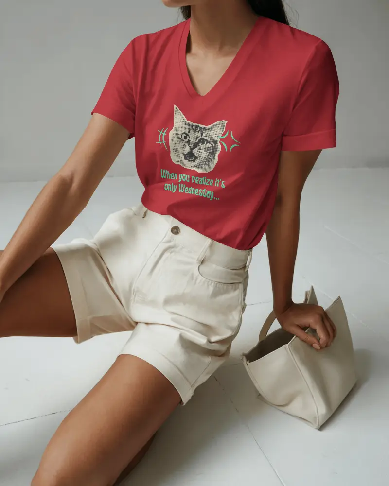 Minimalistic Interior Tshirt Mockup Female Model Seated In Light Filled Room Wearing V Neck Tee And Shorts